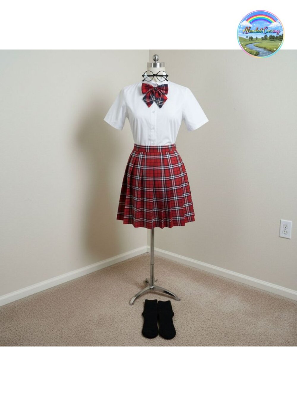 Japanese Tartan Pleated School Uniform Cosplay Costume Set with Socks &